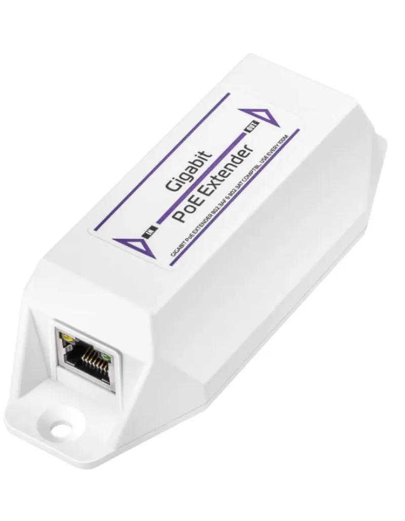 Extensor Cudy PoE+ Gigabit POE10 en carcasa blanca con puerto RJ45 visible y etiqueta de modelo en ángulo para redes de