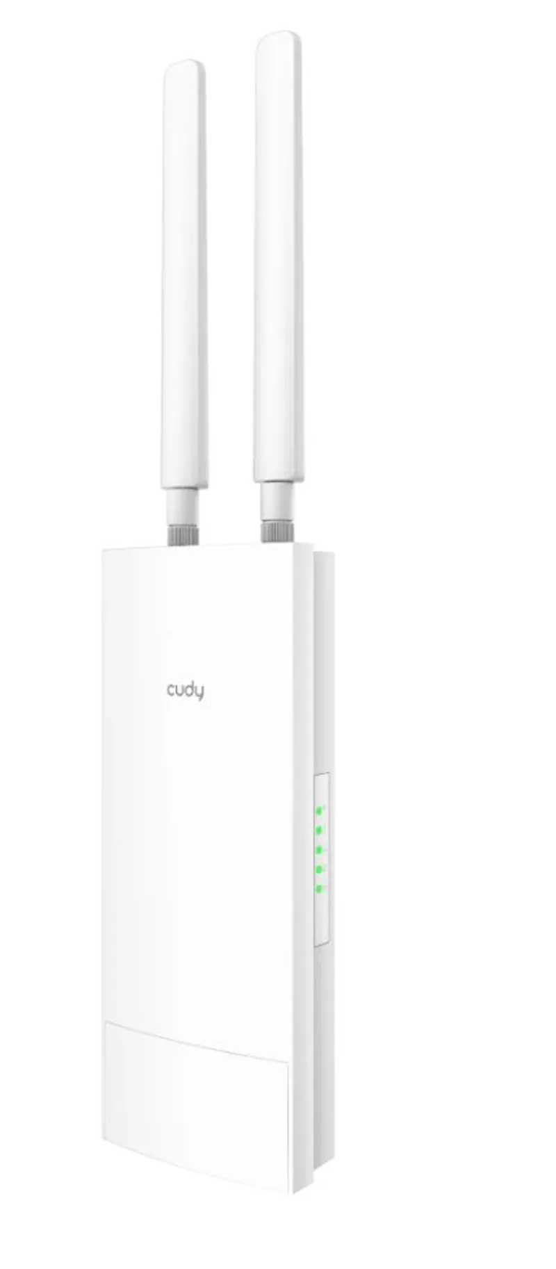 Cudy AC1200 Outdoor-WLAN-Repeater weiß mit zwei Antennen, grauer Logo-Beschriftung und fünf grünen LED-Leuchtanzeigen