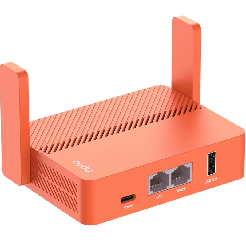 Router Cudy AC1200 TR1200 mini con antenas y USB, dispositivo naranja de dos puertos Ethernet y conexión VPN para redes