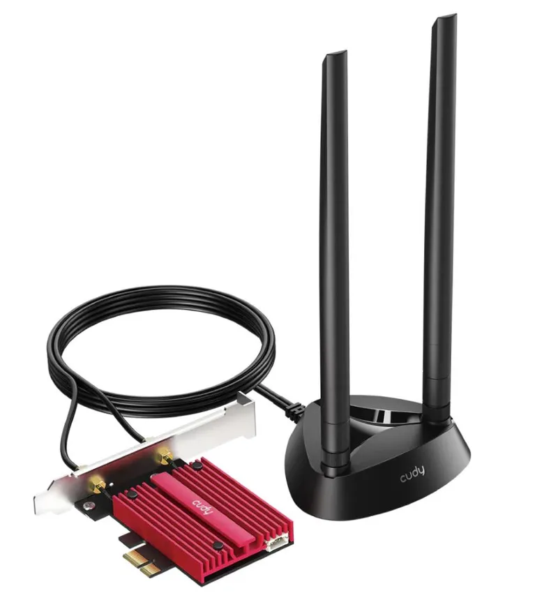 Cudy BE9300 Wi-Fi 7 PCIe adapter kit with red heatsink card, silver bracket, coiled cable, and dual-antenna base on white