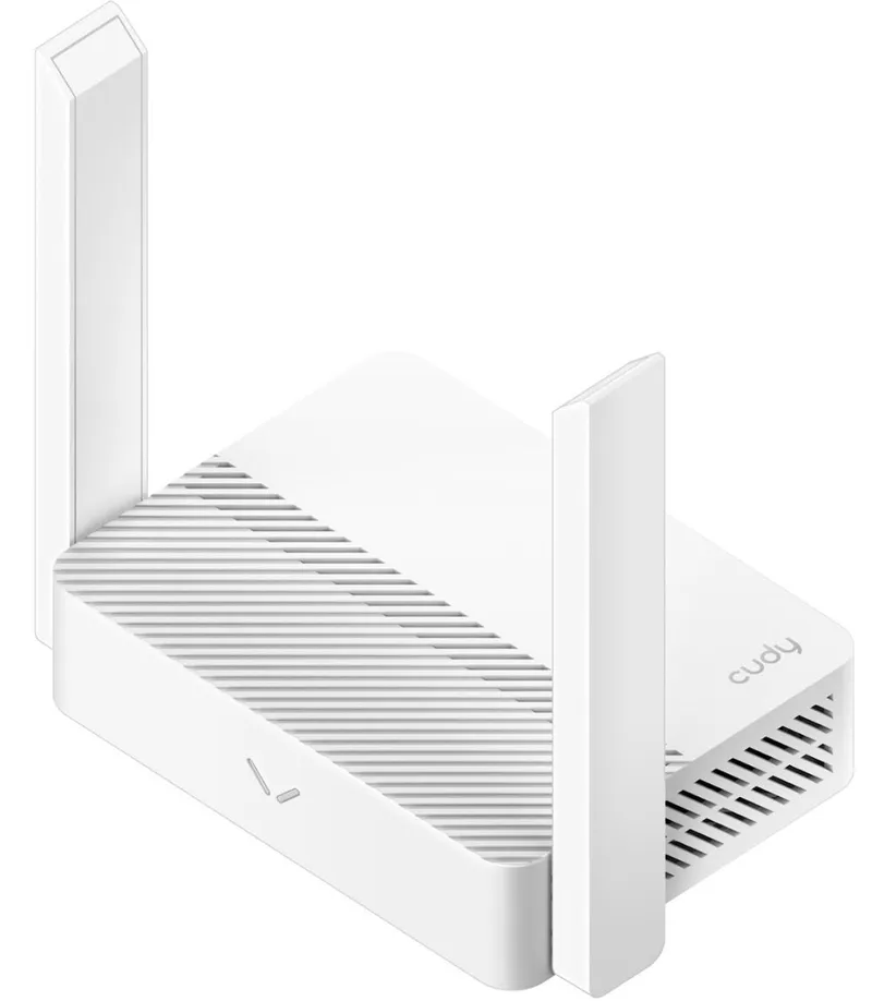 Router Cudy N300 WR300 con dos antenas externas, diseño blanco y textura acanalada en uso doméstico para conexión Wi-Fi