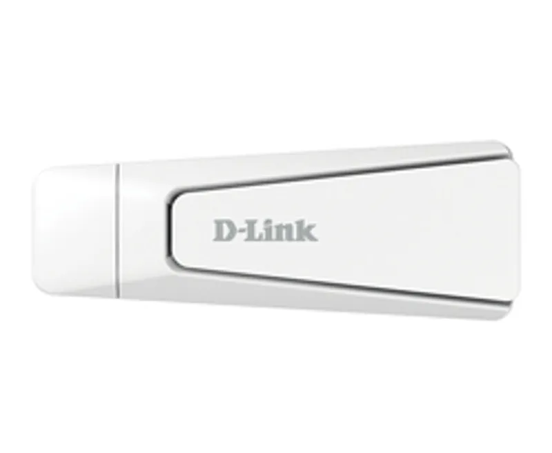 Adaptador USB Wi-Fi D-Link AX18U de 1800 Mbit/s, dispositivo blanco alargado con logo gris y bordes redondeados para