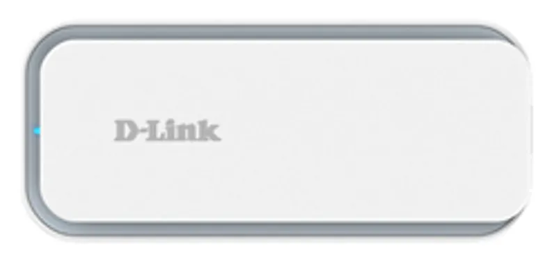 Adaptateur USB 5G NR D-Link D501 blanc à bords gris avec logo central et voyant LED bleu pour connexion réseau mobile.