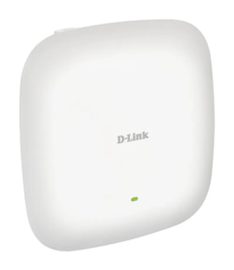 Punto de acceso D-Link AX3600 Wi-Fi 6 de doble banda con PoE, dispositivo blanco cuadrado con esquinas redondeadas, logo