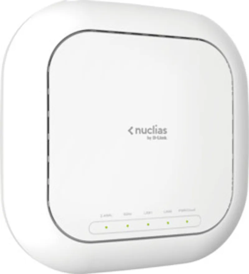Point d’accès D-Link Nuclias AX3600 blanc PoE affichant le logo nuclias et six voyants verts en bas dans un environnement