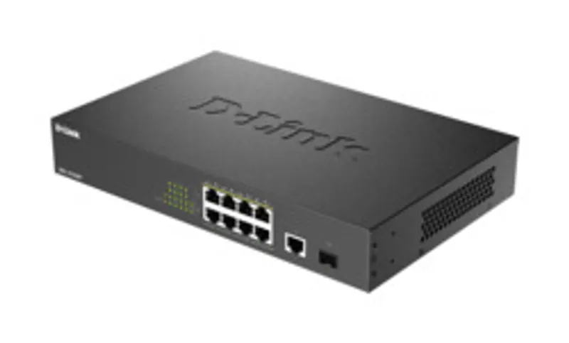 Commutateur réseau D-Link DGS-1010MP/E 10 ports PoE+ Gigabit vue de dessus avec logo, 8 ports RJ45 et voyants LED verts.