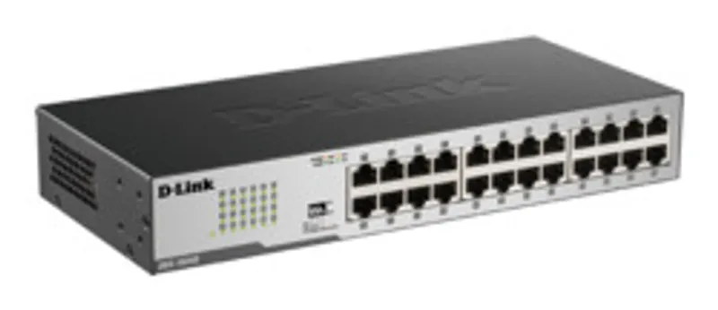 Switch D-Link DGS-1024D 24 puertos GE en caja retail, frontal con 24 conexiones RJ45 en dos filas, LEDs de estado y logo de