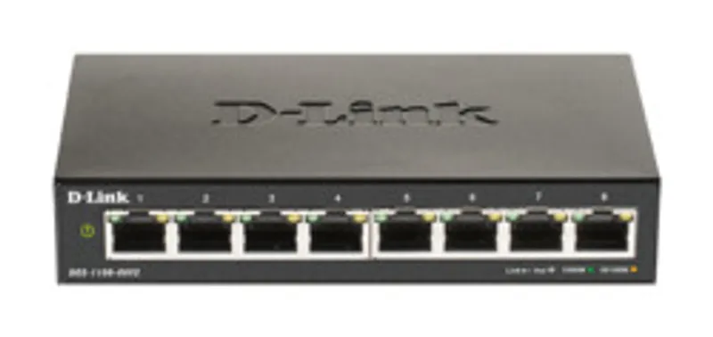 Switch D-Link DGS-1100-08V2/E de 8 puertos Gigabit con LEDs de estado, carcasa negra metálica en vista frontal para redes