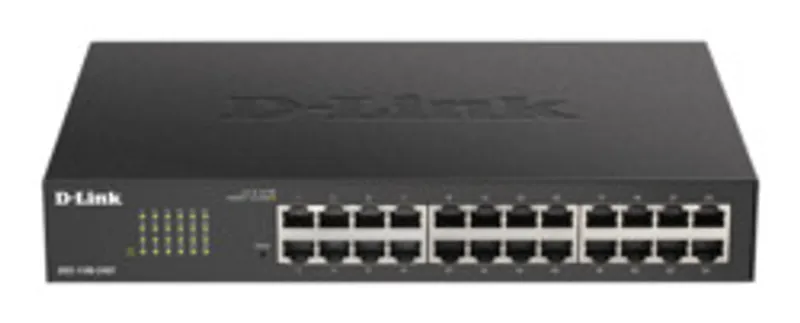 D-Link DGS-1100-24V2 Switch 280mm mit 24 GE-Ports in Schwarz, Frontansicht mit 24 RJ45-Anschlüssen, Status-LEDs und Logo
