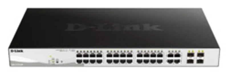 Commutateur réseau D-Link DGS-1210-28P 444mm avec 24 ports Gigabit PoE et 4 ports combo SFP/RJ45 en vue frontale et