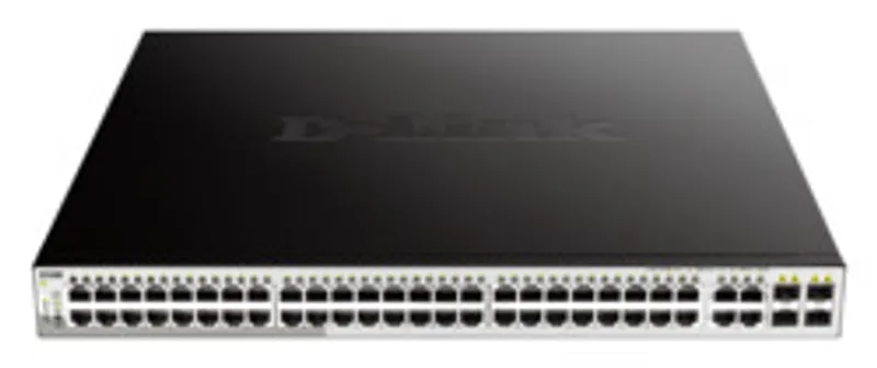 D-Link DGS-1210-52MP Switch 440mm mit 48 GE PoE+ und 4 Combo-Ports, schwarzes Rackmount-Gerät mit 48 RJ45-Ports,