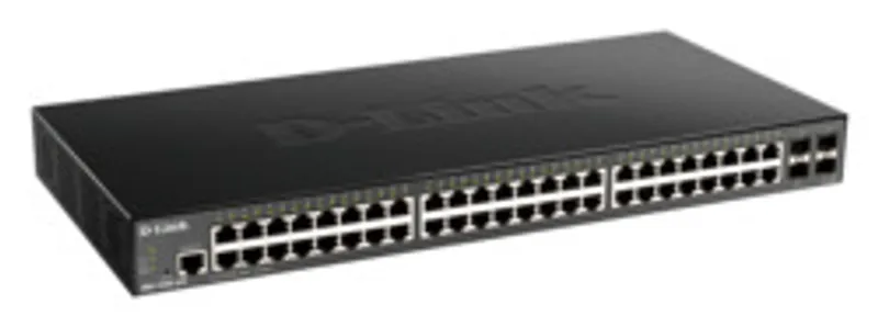 Switch D-Link DGS-1250-52X de 440mm con 48 puertos GE y 4 SFP+ en rack frontal negro con logo D-Link.