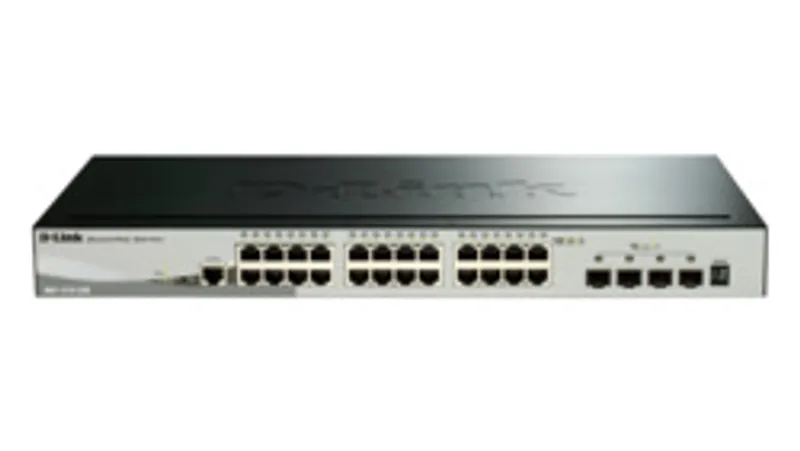 Commutateur réseau D-Link DGS-1510-28X 440mm avec 24 ports GE et 4 SFP+ en rack noir et argent, LEDs de statut visibles en