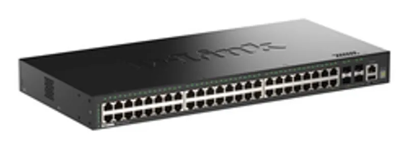 D-Link DGS-1530-52 Switch 440mm mit 48 GE- und 4 SFP+-Ports, schwarzes Rackmount-Gerät mit grünen Status-LEDs in