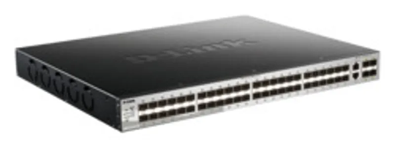 Commutateur réseau D-Link DGS-3130-54S/E L3 géré gris avec ports Ethernet 10G montable en rack, vue en angle trois-quarts