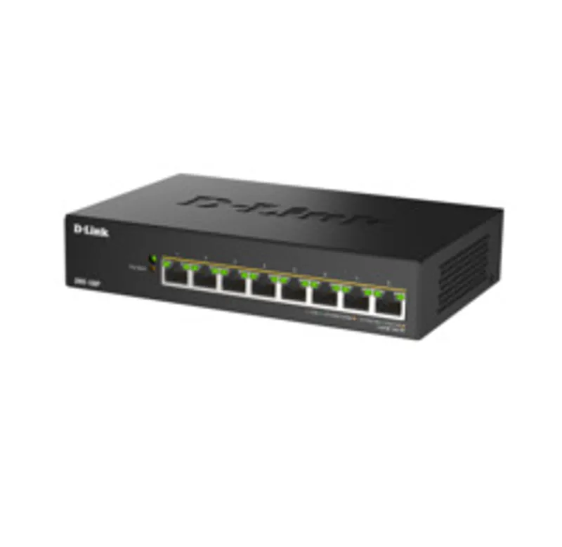 Conmutador D-Link DMS-108P/E de 8 puertos PoE multigigabit no gestionado en negro con LEDs de estado y logo frontal en