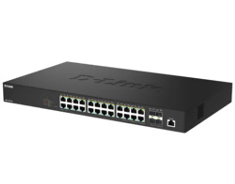 Switch PoE D-Link DMS-1250-28P con 24 puertos 2.5GbE y 4 SFP+ en rack frontal mostrando LEDs y conectores para redes