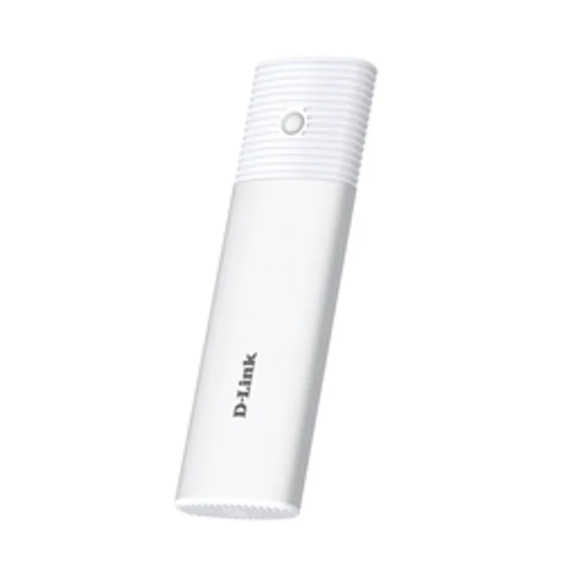 Boîtier SSD D-Link DSP-111USB-C M.2 NVMe en forme cylindrique blanc incliné, texture nervurée avec bouton circulaire et