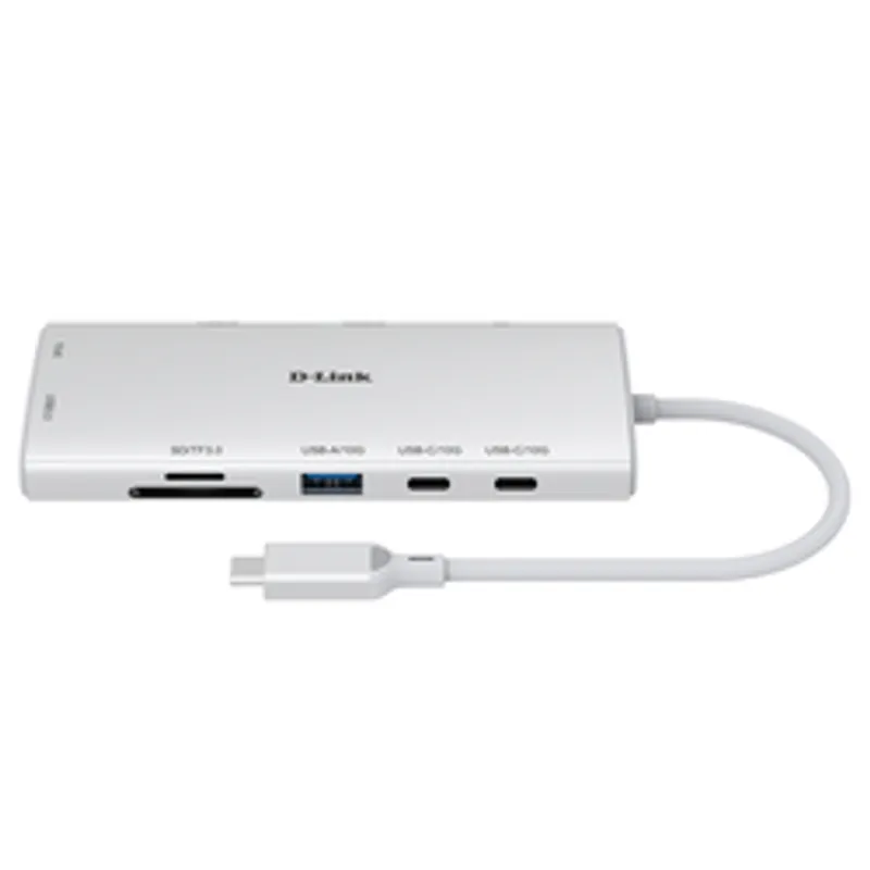 Hub D-Link DUP-A01 10-en-1 USB-C plateado con ranura SD, dos puertos USB-A y dos USB-C conectado mediante cable USB-C en