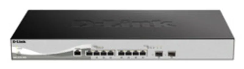 D-Link DXS-1210-10TS Switch 440mm mit 8x Gigabit-Ethernet und 2x SFP+ Ports, schwarze Front mit Status-LEDs im Retail-Paket.