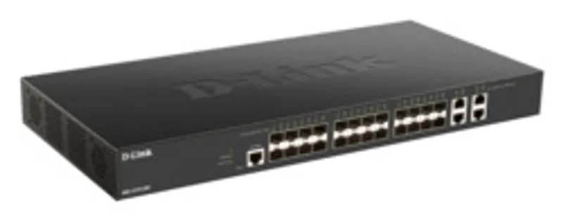 Switch D-Link DXS-1210-28S 10G gestito nero in formato 1U con porte SFP+ e LED di stato per rack server.