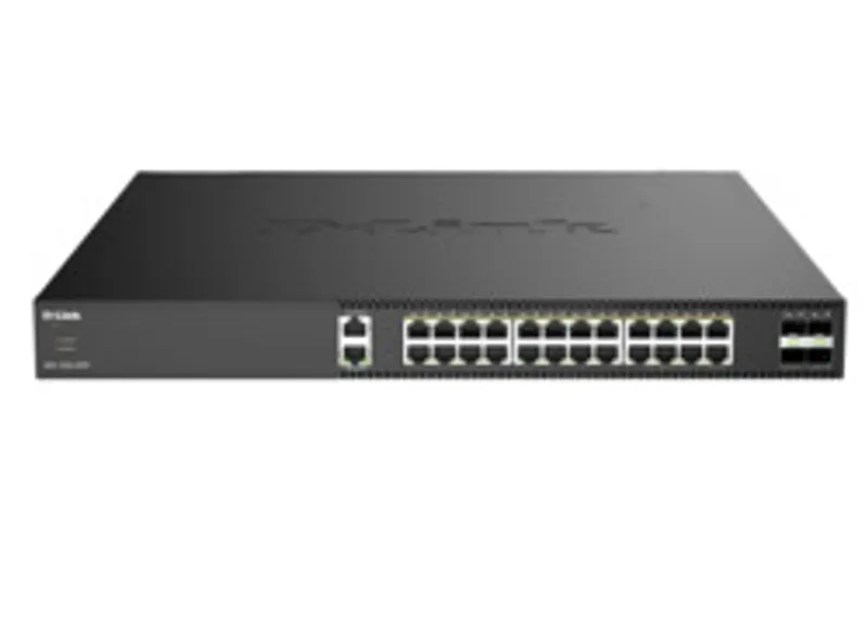 D-Link DXS-1250-28YP/E 28-Port 10G Multi-Gigabit PoE-Switch mit schwarzem Gehäuse, Frontansicht mit Status-LEDs und
