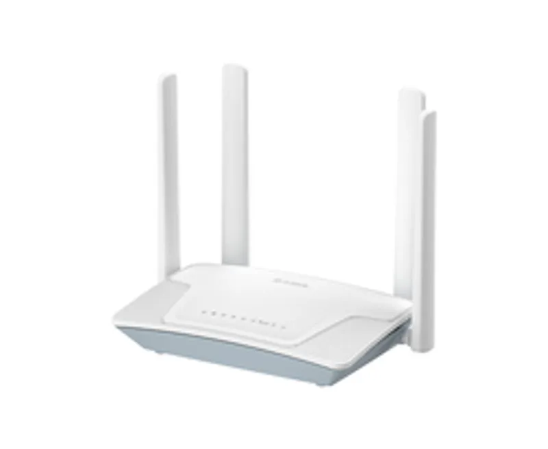 Routeur sans fil D-Link G403C/E blanc à 4 antennes avec base grise et voyants LED pour connexion 4G et réseau Fast Ethernet