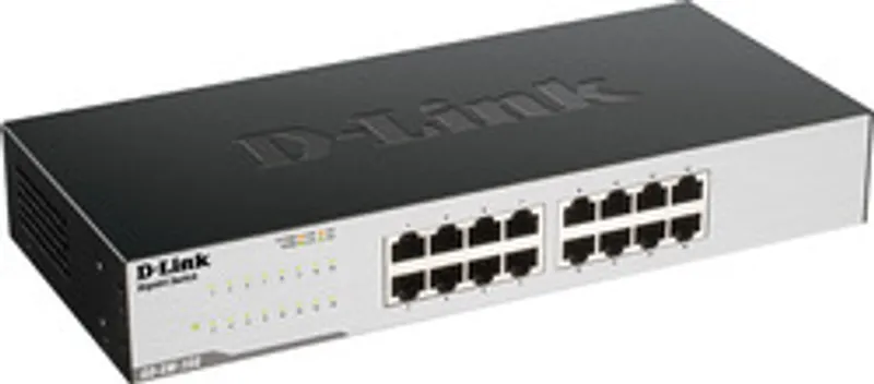 Conmutador D-Link GO-SW-16G de 16 puertos Gigabit Ethernet en rack 1U negro con LEDs de estado y logo frontal en vista