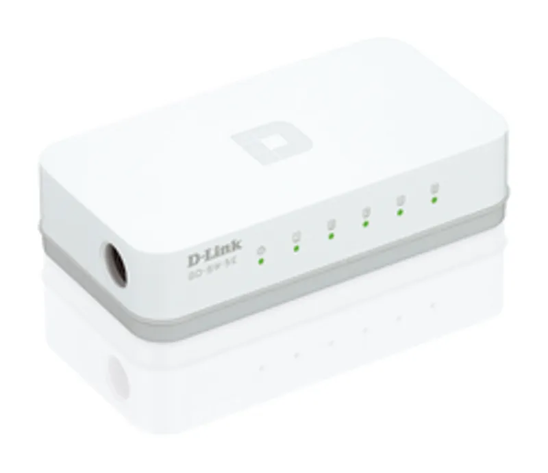 Weißer D-Link GO-SW-5E Netzwerk-Switch mit fünf Fast-Ethernet-Ports und LED-Anzeigen für unkomplizierte LAN-Verbindungen.