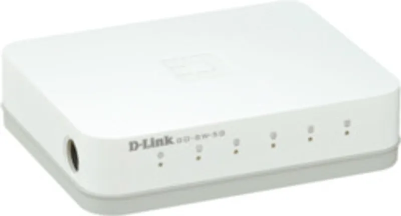Commutateur D-Link GO-SW-5G/E blanc avec 5 ports Gigabit Ethernet, vue de face montrant le logo, les voyants LED et la