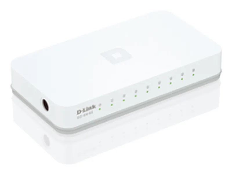 Conmutador de red D-Link GO-SW-8E/E Fast Ethernet no gestionado de 8 puertos con LEDs verdes, vista frontal en ángulo y