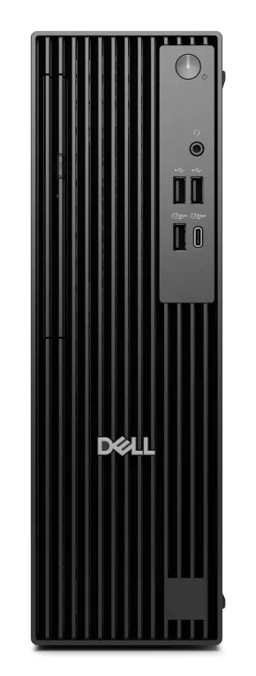 Dell 66DX1 Pro Slim PC with Intel Core Ultra 5, black slim desktop featuring ribbed front panel, USB ports, and power