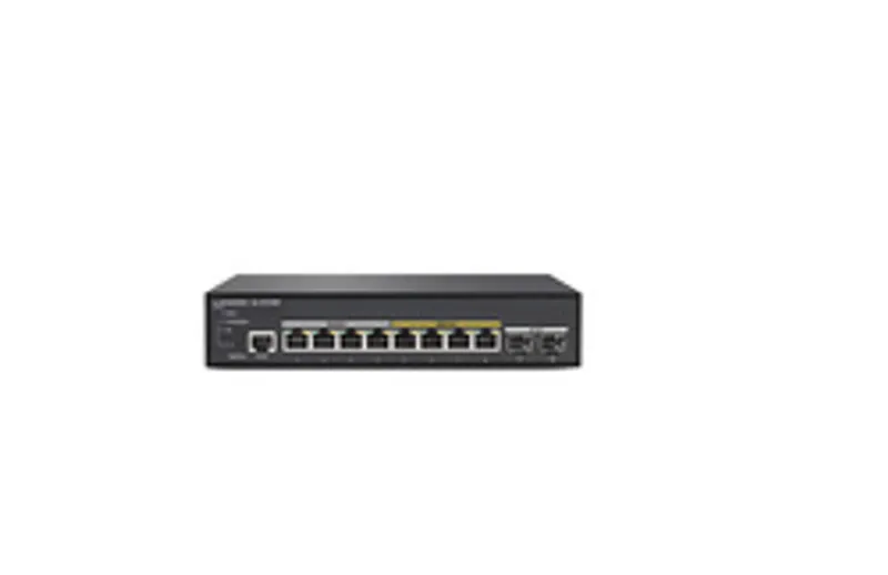 R&S LANCOM GS-3510XP network switch with eight RJ45 Ethernet ports and LED indicators on white background.