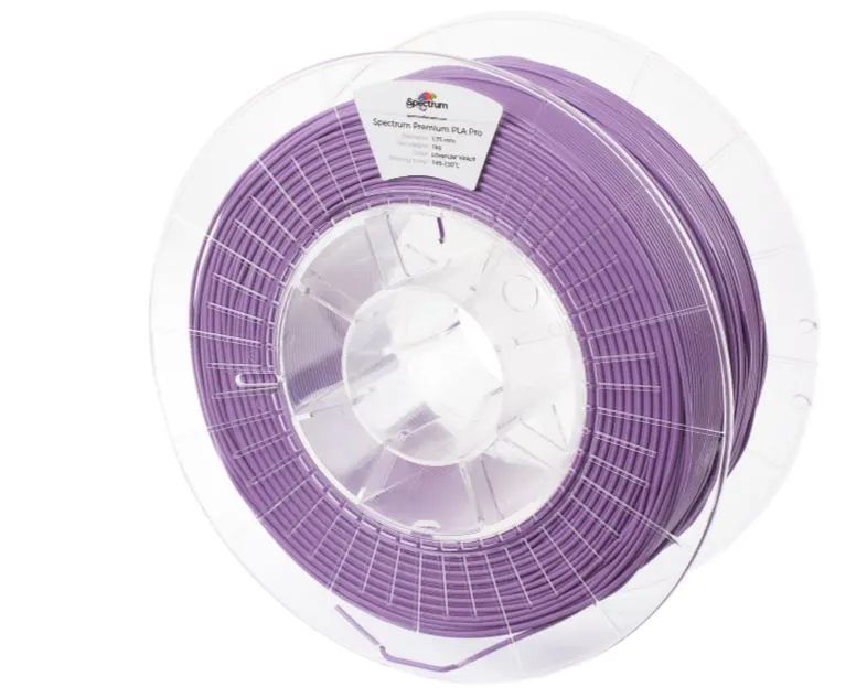 Spool de filamento Spectrum Premium PLA Pro 1.75 mm color lavanda violeta para impresoras 3D en bobina transparente de 1 kg.