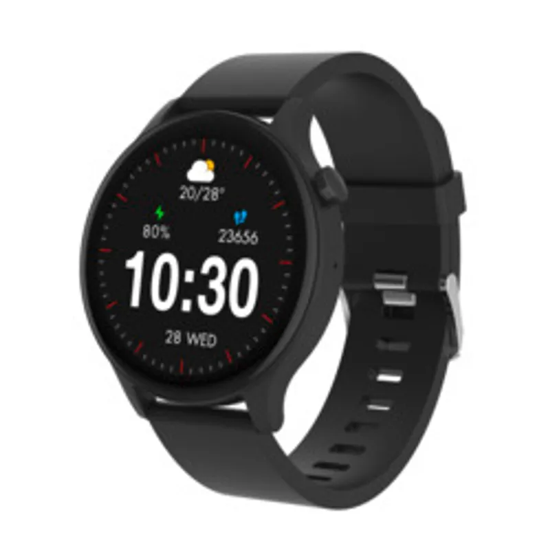 Reloj inteligente Denver SWC-338B en negro con pantalla redonda iluminada mostrando hora 10:30, botones laterales y correa
