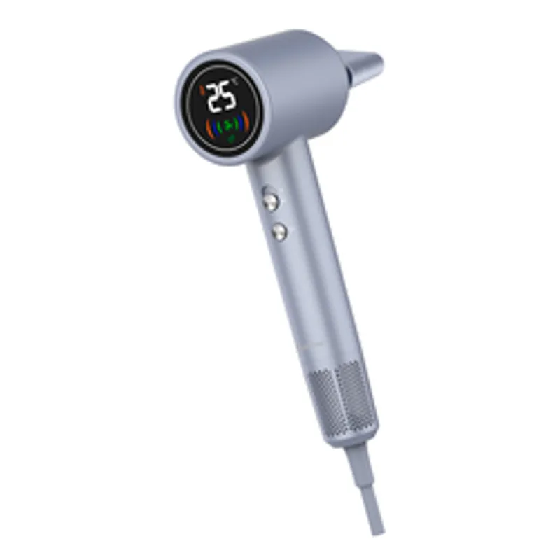 Silver Denver HDD-1400S hairdryer angled diagonally with digital display showing 25, two control buttons, and attached
