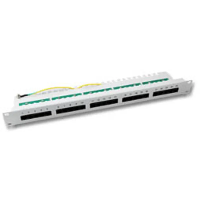 EFB Patchpanel 50xRJ45 8/4 1HE ISDN, pannello patch frontale con slot moduli neri e striscia terminale verde vista dall'alto.