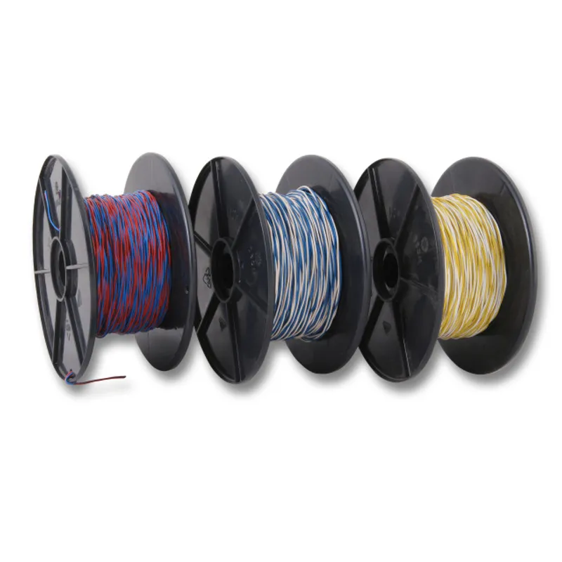 Bobina LSA+ TK Schaltdraht YV 2x0,6/1,1 de 100m en tres carretes negros con cables trenzados blanco/amarillo, blanco/azul y