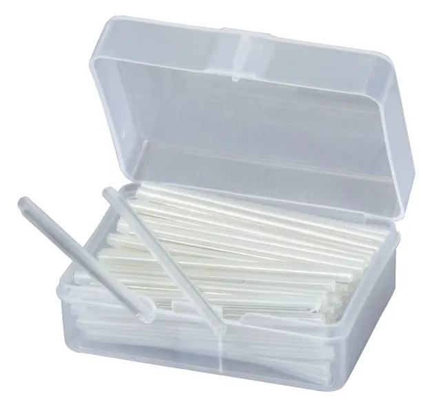 Transparente LWL-SpleißSchutz-Schrumpfschläuche im 100er-Pack – offene Kunststoffbox mit geordneten Reihen klarer,