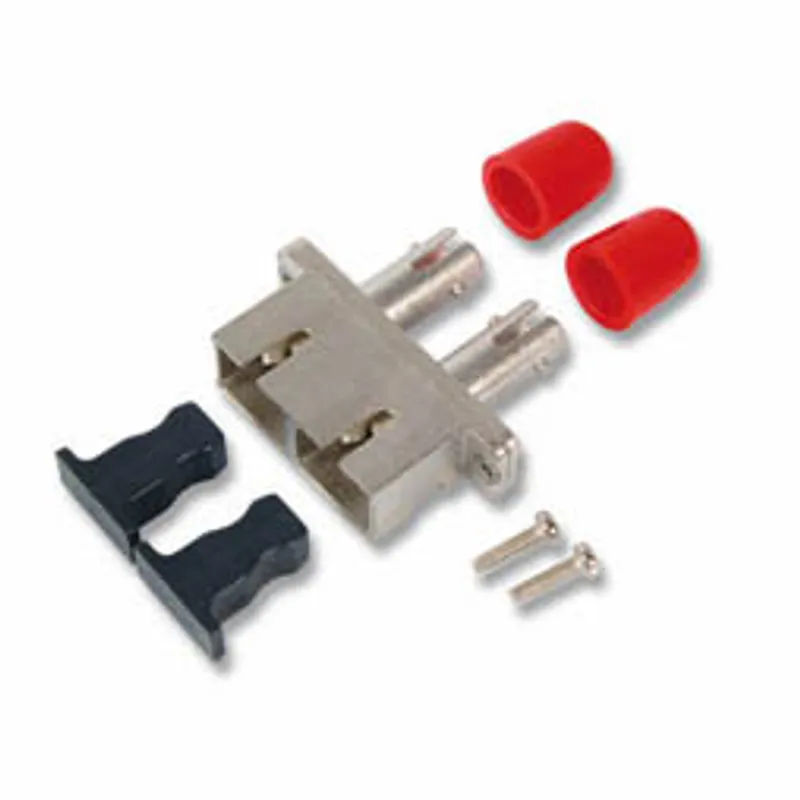 Duplex fiber optic coupler with SC/ST ports, 9/125µm multimode, featuring metallic housing, red dust caps, mounting clip,