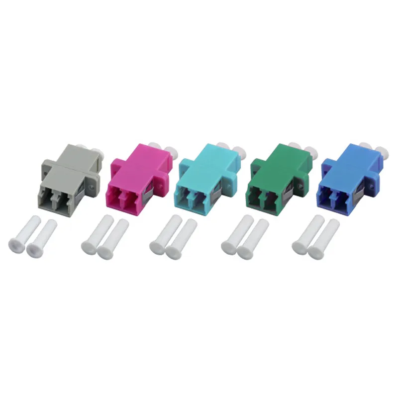 Duplex LC fiber optic couplers in grey, pink, cyan, green, and blue with dual square ports, side clips, and white dust caps