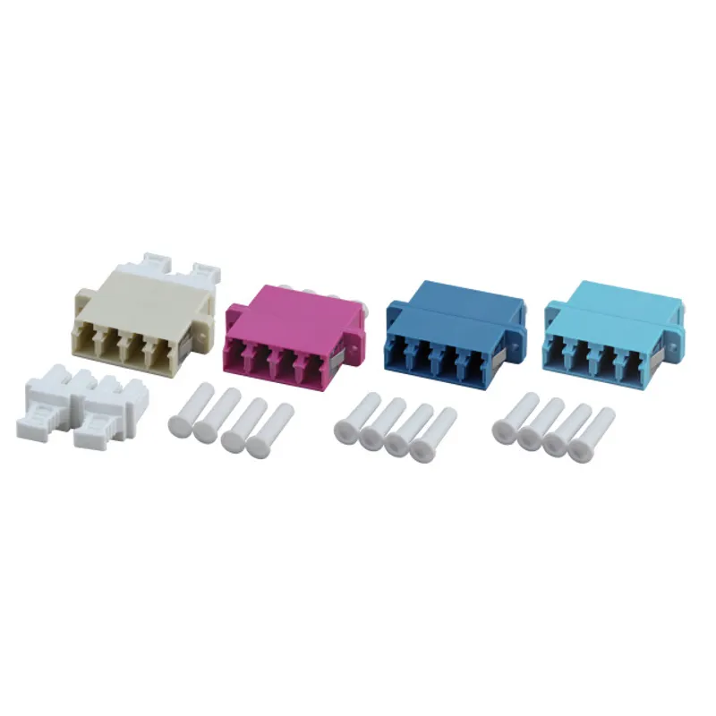 LC fiber optic quad coupler set with beige, magenta, dark blue, and light blue OM3 multimode adapters plus mounting clips