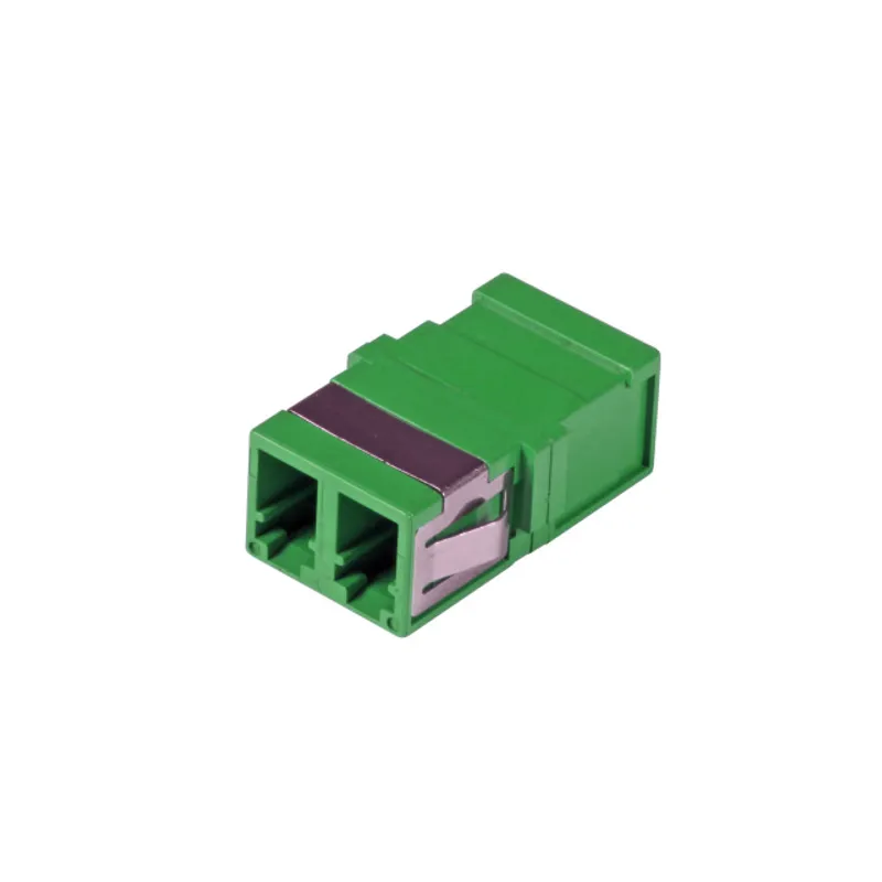 Green duplex LC(APC) fiber optic adapter with two square ports, side latch, and no flange in angled view.