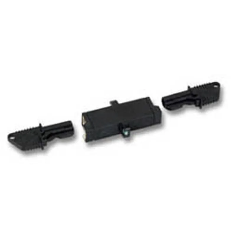 Black E2000 fiber optic coupler with two protective dust caps for 9/125µm singlemode connections.