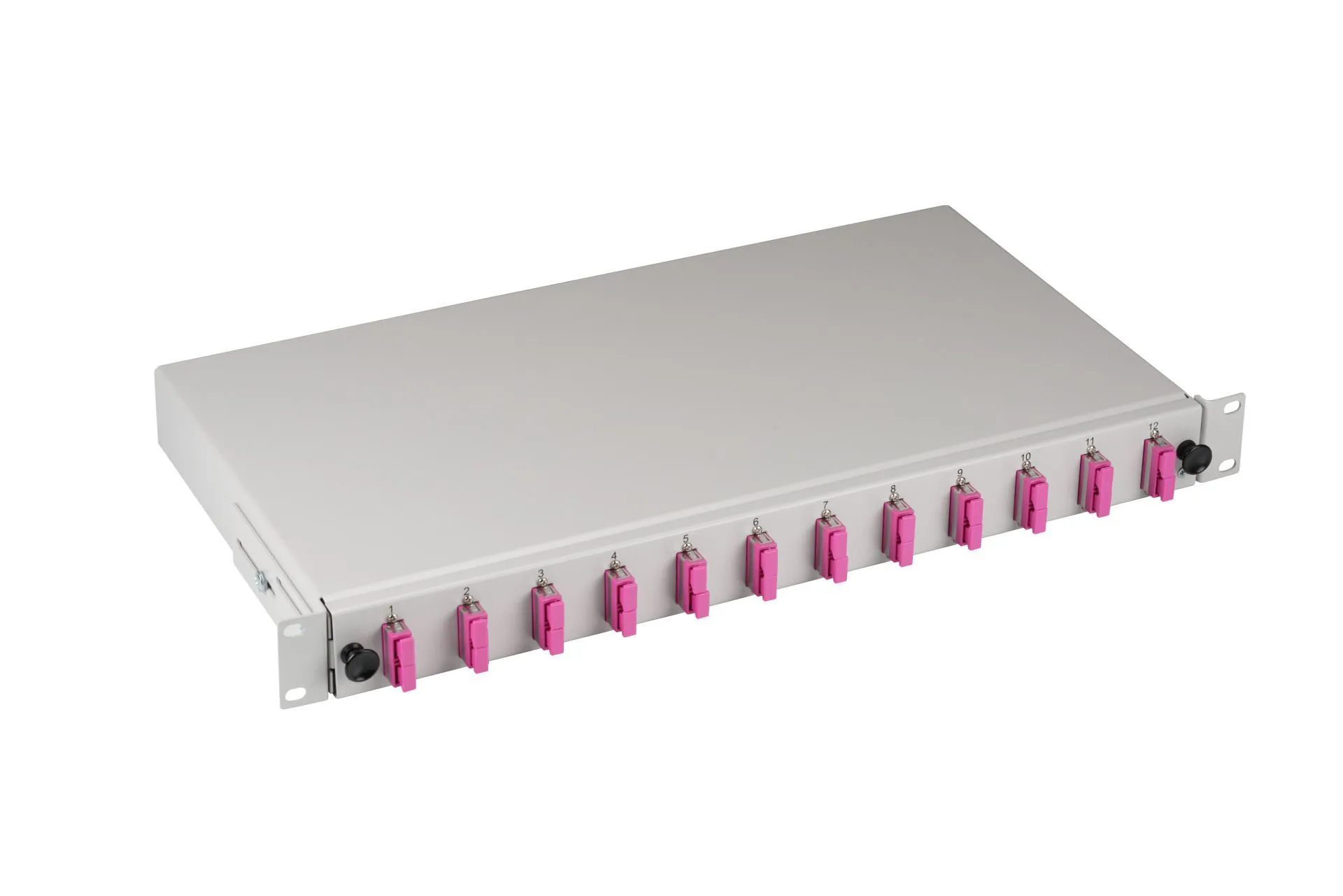 Cassetto estraibile EFB Spleißbox SC 50/125Á OM4 grigio con 12 adattatori rosa numerati e flange di montaggio per rack 19 Cassetto estraibile EFB Spleißbox SC 50/125Á OM4 grigio con 12 adattatori rosa numerati e flange di montaggio per rack 19