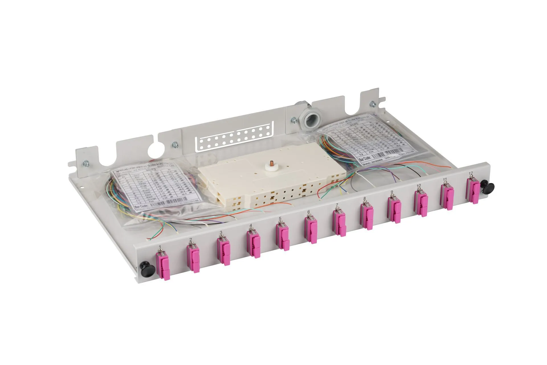 Cassetto di giunzione in fibra ottica EFB SC 50/125 OM4 estraibile con 12 accoppiatori SC duplex rosa e 24 pigtail Cassetto di giunzione in fibra ottica EFB SC 50/125 OM4 estraibile con 12 accoppiatori SC duplex rosa e 24 pigtail