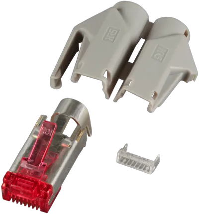 TP-Stecker STP Hirose,CAT6(TM21), 50-PACK,incl.Knickschutz, hellgrau