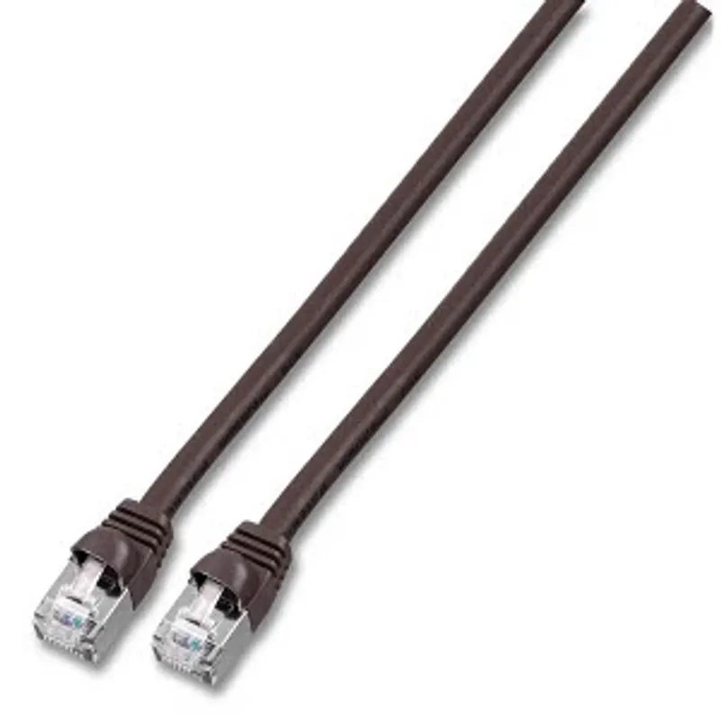 Câble réseau EFB RJ45 S/FTP Cat.6 PVC 2m noir avec connecteurs transparents et manchons anti-traction sur fond blanc.