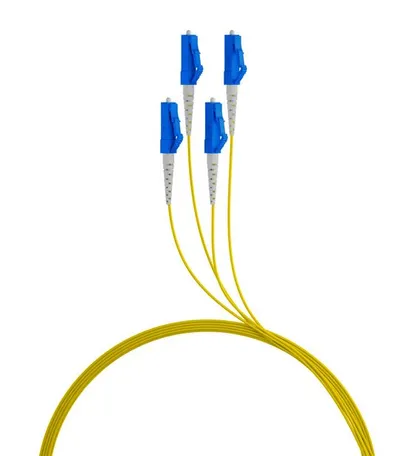 LWL-Kabel Trunkkabel U-DQ(ZN)BH 4G 9/125 LC/LC OS2 200m on a drum with four yellow fiber optic cables fanning out to blue LWL-Kabel Trunkkabel U-DQ(ZN)BH 4G 9/125 LC/LC OS2 200m on a drum with four yellow fiber optic cables fanning out to blue