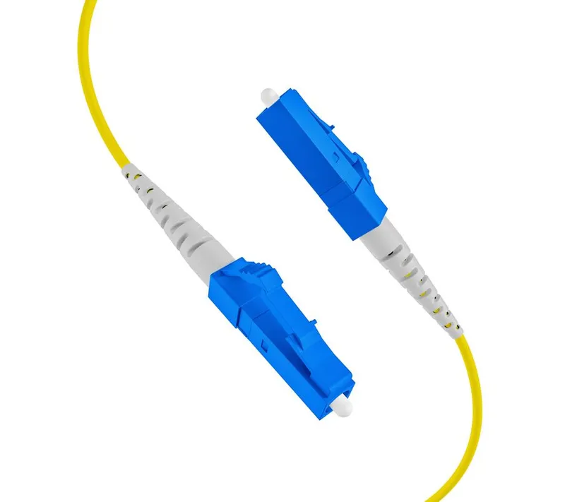 Yellow LWL-Kabel U-DQ(ZN)BH 8G OS2 80m on drum with blue LC/LC connectors and strain relief boots for high-speed fiber